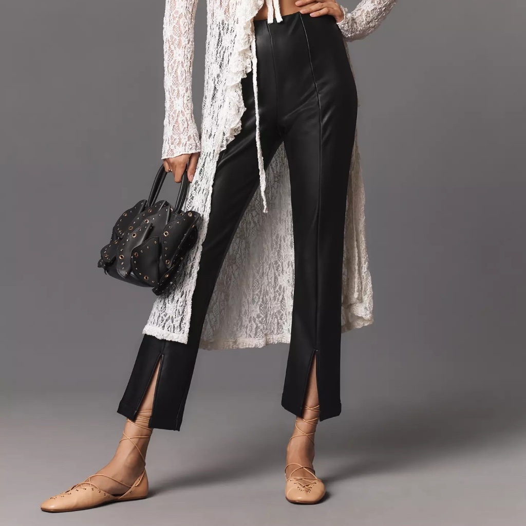 Maeve X Anthropologie Split-Front Faux Leather Pants Black Slim Ankle, Xs Nwt